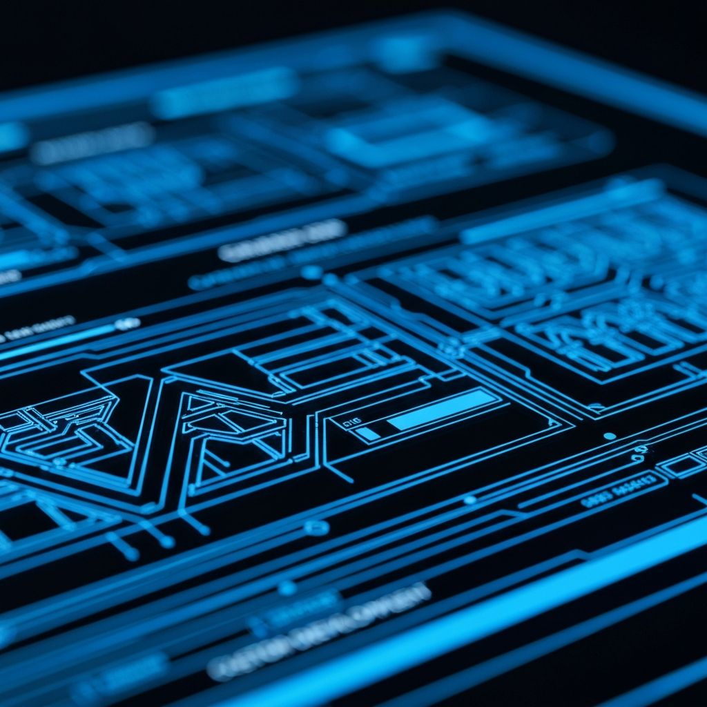 Close-up of a high-tech glass interface with glowing architectural lines, representing bespoke construction